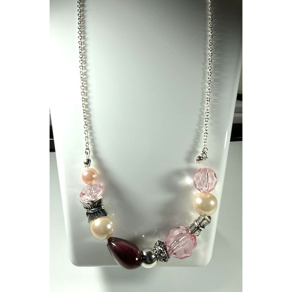 SAQ Vintage Necklace Silver Tone Faux Pearl Pink Faceted Beads Butterfly Spacer